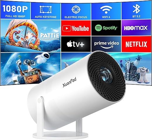 [Netflix Officially & Electric Focus] Mini Projector with WiFi and Bluetooth, XuanPad 4K 1080P Support Portable Projector, 210° Rotatable Stand, Auto Keystone, Dust Removal and Heat Dissipation Design